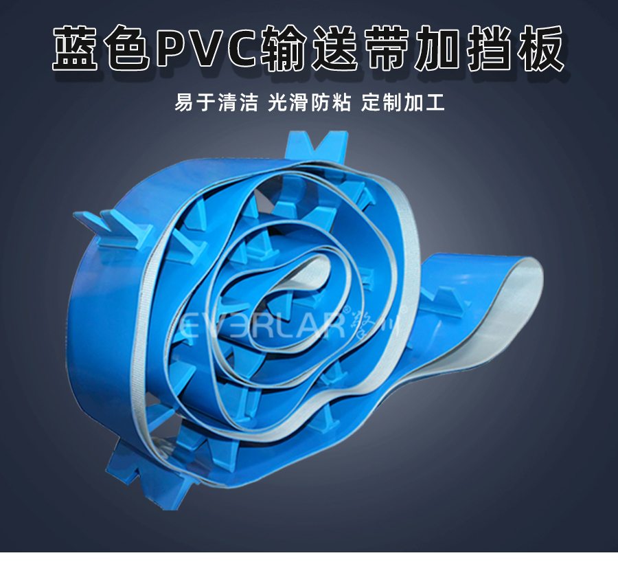 藍(lán)色PVC<a href='http://www.dsjvvrk.cn/shusongdai/' target='_blank'><u>輸送帶</u></a>加擋板